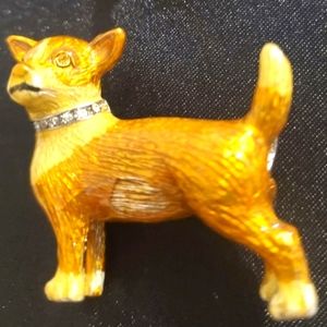 Vintage Louis Stern Chihuahua Dog Brooch  Gold Enamel w/Rhinestone Dog collar